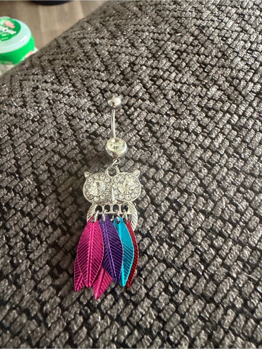 Crystal Owl Belly Button Ring with Pink, Purple, Blue Feather Charms